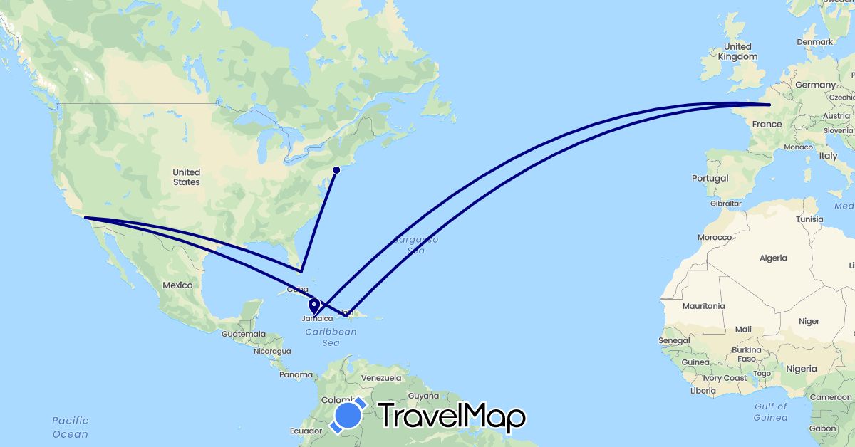 TravelMap itinerary: driving in France, Haiti, Jamaica, United States (Europe, North America)
